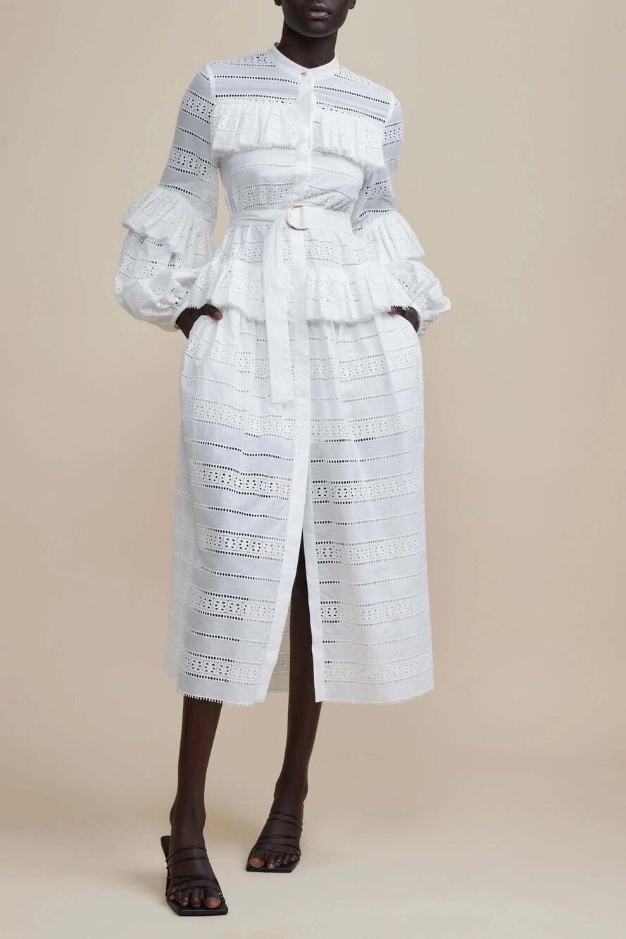 Acler Valentine Ivory Broderie Anglaise Cotton Midi Dress Long Sleeve 2
